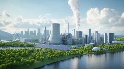 Poster - modern low emission power plant surrounded by renewable energy sources like wind turbines and solar panels, emphasizing sustainability