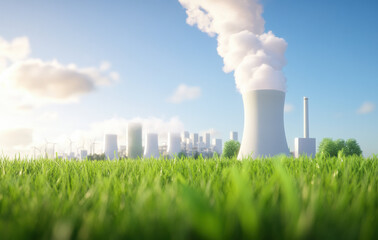 Poster - low emission power plant with cooling towers and wind turbines in green field, emphasizing renewable energy and environmental sustainability