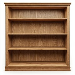 Poster - Empty wooden bookshelves on a white background, showcasing clean lines and minimalism.