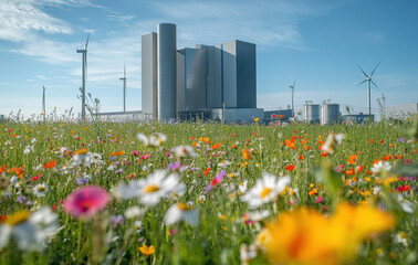 Poster - modern power plant surrounded by vibrant wildflower meadow and wind turbines clear blue sky, emphasizing sustainability and renewable energy