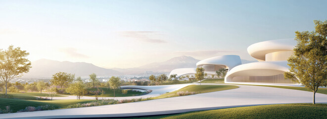 Poster - Futuristic low emission power plant with sleek white architecture surrounded by greenery and mountains under clear sky