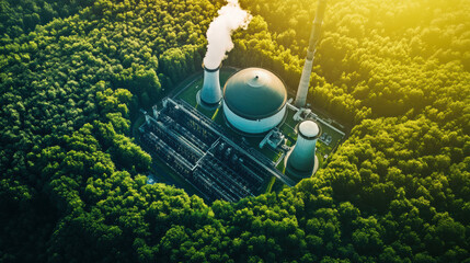 Poster - low emission power plant with futuristic dome structure surrounded by dense forest, emitting minimal smoke under sunlight