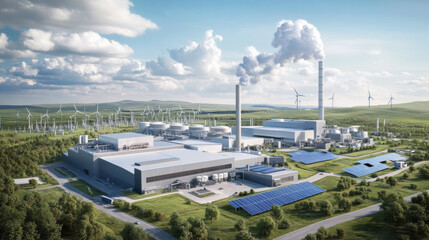 Poster - low emission power plant with futuristic design surrounded by solar panels, wind turbines, and green landscapes under clear blue sky