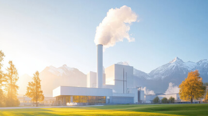 Poster - modern low emission power plant with clean industrial design, surrounded by lush greenery and mountains under bright, sunny sky