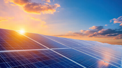 Aufkleber - Solar panels under vibrant sunset sky, showcasing renewable energy and sustainability