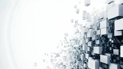 Poster - Abstract representation of dynamic cubes dispersing into a bright space, suggesting technology