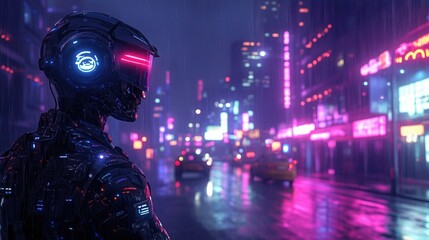 Wall Mural - a futuristic robot stands in a neon-lit urban setting, surrounded by glowing signs and rain-soaked s