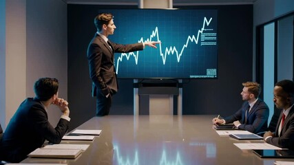 Poster - Professional businessman analyzing financial data, sharing market insights with corporate team during strategic meeting in contemporary workspace, highlighting positive growth trajectory