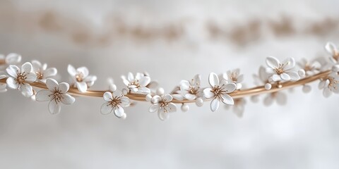 Canvas Print - Delicate White Porcelain Flowers on a Curved Gold Branch, Sharp Focus, Soft Neutral Backdrop