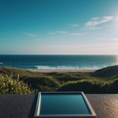 Poster - A tablet sits on a ledge with a stunning view of the beach and ocean. The sun sets, casting a warm glow over the water and hills, creating a peaceful atmosphere. Generative AI