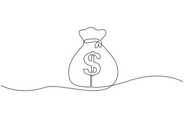 Dollar money bag single line drawing. Hand holding coin continuous one line drawing, Continuous one line drawing of money bag. Money storage and investment single Line art.