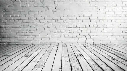 Poster - Empty white brick wall interior with wooden floor, suitable for backgrounds or displays