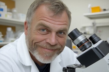 Poster - A scientist in a laboratory examining virus samples under a microscope