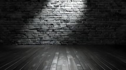 Poster - Dimly lit studio space featuring textured black brick wall and wooden floor, ideal for photography