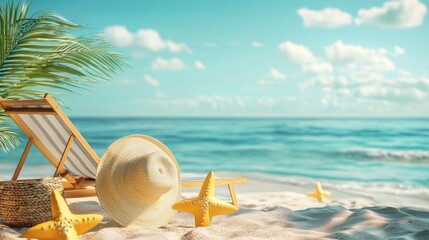 Aufkleber - A serene beach scene showcases golden sand dotted with starfish and a straw hat, complemented by a lounge chair facing gentle waves under a vibrant, sunny sky. Perfect for relaxation