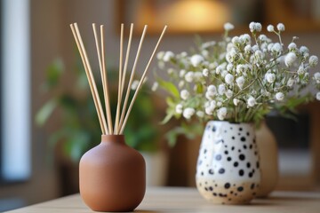 Poster - Decorative vase with aroma sticks and fresh flowers in a cozy indoor setting