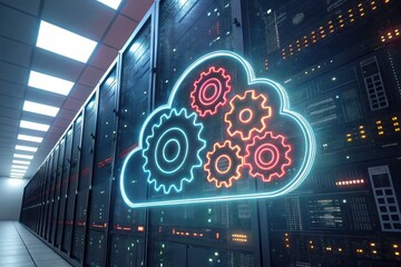 Poster - A futuristic data center featuring a glowing cloud symbol with gears, representing cloud computing and technology integration.