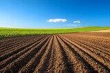 Fields of Promise: Capturing the vastness of a freshly plowed field with rows of fertile soil under a vibrant blue sky, symbolizing growth, agriculture, and the promise of a new season.