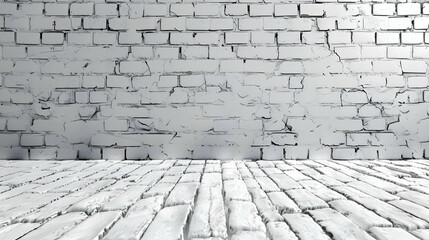 Poster - White brick wall with textured surface and wooden floor, ideal for backgrounds or presentations