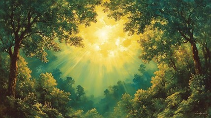 Sticker - Golden sunlight streams through lush green canopy creating serene forest scene. AI Generated