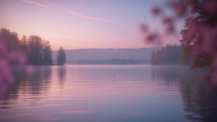 Poster - tranquil lake surrounded by trees and blooming flowers at dawn in a serene natural setting