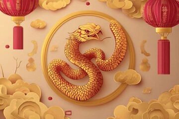 Wall Mural - Golden snake in circular frame with red lanterns, paper clouds. Use for Lunar New Year or celebration