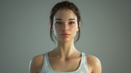 Wall Mural - Realistic portrait of a young woman with natural makeup and soft lighting, showcasing beauty and confidence