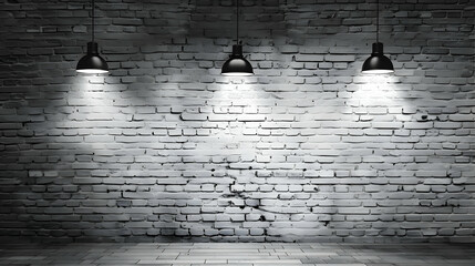 Poster - Industrial interior with three pendant lights illuminating a textured brick wall backdrop