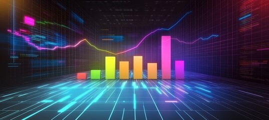Poster - Vibrant Gradient Blue Bar Graph with Overlaying Line Chart Data Visualization on a Dark Backdrop