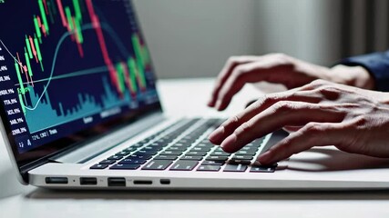 Aufkleber - Concentrated trader analyzing financial market data through rapid keyboard typing, displaying intense focus while working on investment strategies with slow motion precision