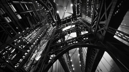 Wall Mural - A dramatic low-angle view of a steel bridge structure illuminated by bright lights at night, showcasing urban engineering