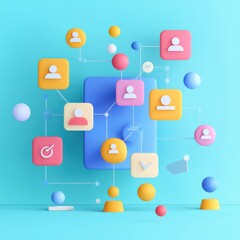 Poster - Vibrant digital illustration featuring colorful icons that symbolize communication and networking in a modern professional setting. Ideal for technology themes.