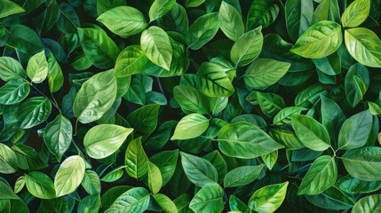 Wall Mural - Lush Green Leaves Overlapping in a Natural Pattern, Showcasing Various Shades of Green in a Vibrant Background