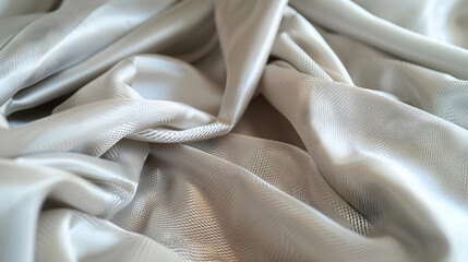 Poster - Close-up view of crumpled silky fabric showcasing intricate texture and soft sheen in natural light