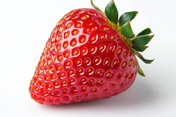 Aufkleber - Freshly picked red strawberry with green leaves lying on a white surface in natural light