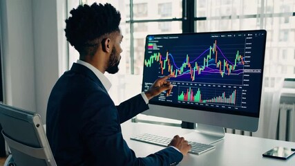 Poster - Finance professional analyzes stock market data on computer, pointing at rising graph, showcasing expertise in investment strategy in slow motion