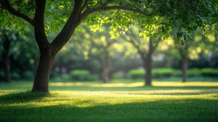 Lush green park with sunlit trees and grass.