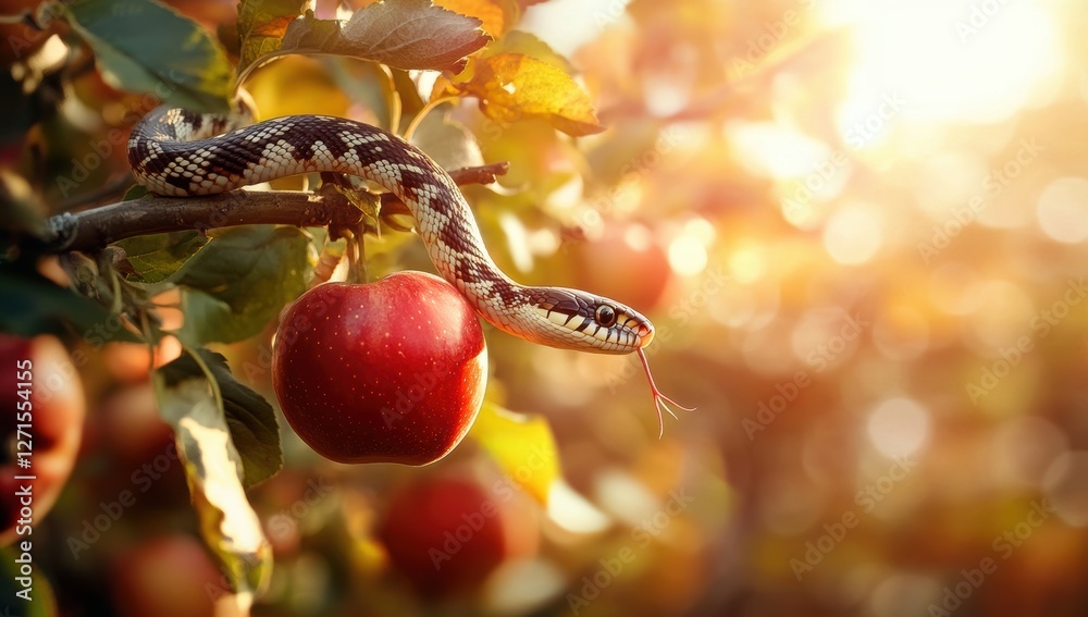 Close-Up of a Snake with Forked Tongue Near a Red Apple on a Tree

Keywords: