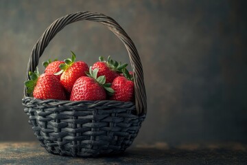 Aufkleber - Freshly picked strawberries arranged in a woven basket on a rustic wooden surface