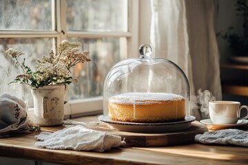 Aufkleber - Delicious cake displayed under a glass dome in a sunlit kitchen with fresh flowers and a steaming cup of coffee