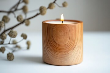 Poster - Elegant wooden candle with a gentle flame beside dried floral arrangement