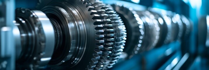 Poster - Close-up View of Interlocking Metal Gears and Machinery Components in a Blue Industrial Setting.
