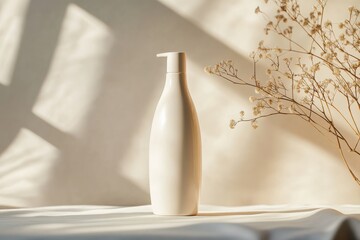 Poster - Elegant lotion bottle placed on cream fabric with soft shadows and dried flower accents in a cozy setting
