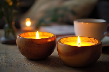 Poster - Warm candles glowing softly beside a steaming cup on a rustic wooden table at a cozy evening gathering
