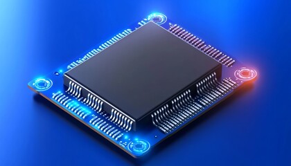 Poster - Advanced Microchip Technology, Futuristic Circuit Board With Glowing Blue Lines on Blue Background