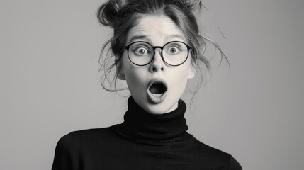 Wall Mural - Surprised young woman with glasses expressing shock in a minimalist studio setting, ideal for emotional stock imagery