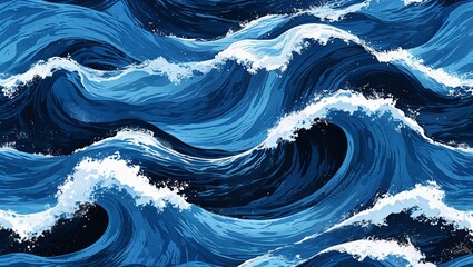 Wall Mural - Wavy and Swirled Ocean Blue brush strokes pattern paper grainy rough texture banner panoramic background