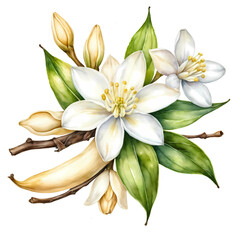 Wall Mural - Watercolor vanilla flower. Soft white. Isolated on background. Sweet fragrance. Food and perfume industry.