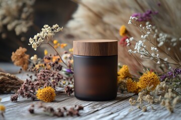 Poster - Elegant dark glass jar with wooden lid surrounded by dried flowers on wooden surface in soft light