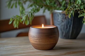 Poster - Cozy atmosphere with a wooden candle and potted plant on a rustic table in a warm indoor setting